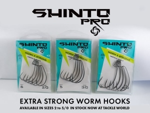 Shinto Pro extra strong worm hooks lined up against white